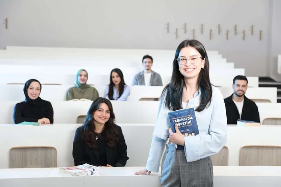Sınıfta ders veren gülümseyen kadın öğrenci ve diğer öğrenciler
